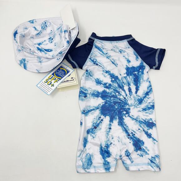 New Beetle & Thread Size 3M Navy Blue Tie Dye Swim Romper and Hat UPF 50+ Boys - Picture 2 of 9